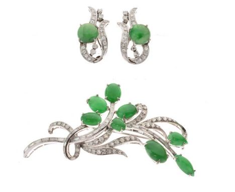 Jade and diamond brooch and earring set, the spray brooch set with eight jade cabochons and set with single cuts and baguette