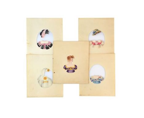 Early 19th Century oval watercolour portrait of a lady, with seven watercolour decorated papercut overlays of various interch