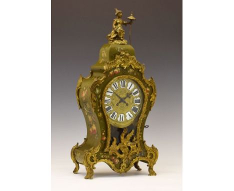 Late 19th/early 20th Century French Louis XV-style green-lacquer bracket clock, with bracket, the 6-inch cellular Roman chapt