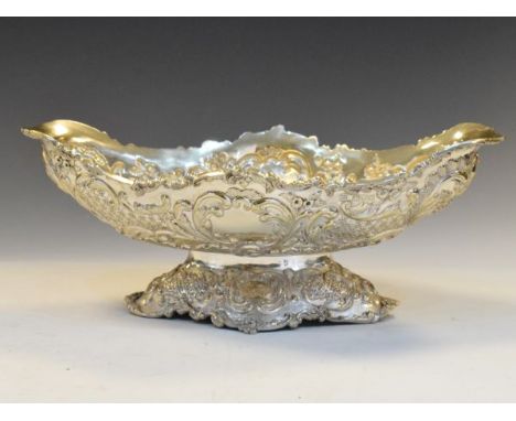 Victorian silver fruit basket, on pedestal stand with allover embossed classical decoration, London 1898, sponsors mark of Wi