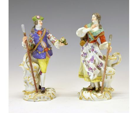 Pair of 20th Century Meissen porcelain figures of a Dancing Shepherd and Shepherdess, numbers 1774 and 1776 respectively, aft
