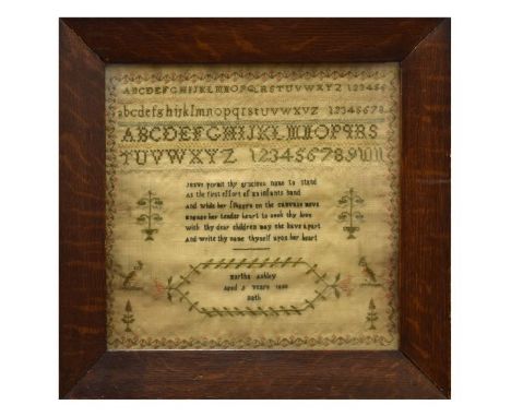 George IV needlework sampler, by Martha Ashley Aged 9 years 1823 Bath, worked with alphabetical and numerical samples over a 
