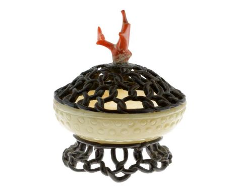 Chinese jade censer, the finely-carved pierced wooden cover of looped knotwork with coral finial, the jade body of Archaistic