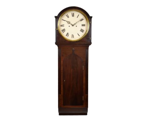 Early 19th Century mahogany cased 'Act of Parliament' style wall clock having a 14-inch circular white Roman dial, the break 