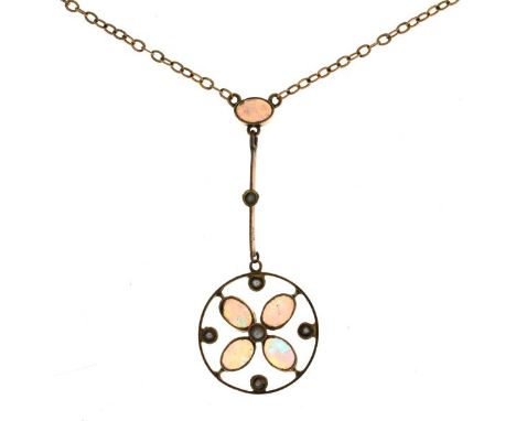 Edwardian opal and seed pearl pendant necklace, the four stone circular pendant with seed pearl to the centre and points, to 