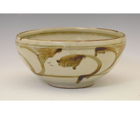 Attributed to Seth Cardew for Wenford Bridge - A Studio pottery bowl, of hemispherical form with brown foliate scroll decorat