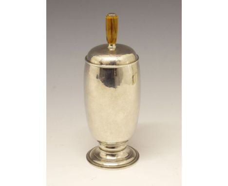 George VI silver cup and cover, having a horn handle and standing on a circular foot, sponsors mark of Central School of Arts