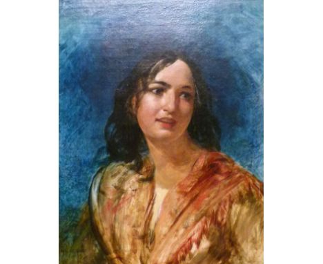 Follower of Henry Nelson O'Neil (1817-1880) - Oil on canvas - Portrait of a girl with black hair, bearing signature and date 