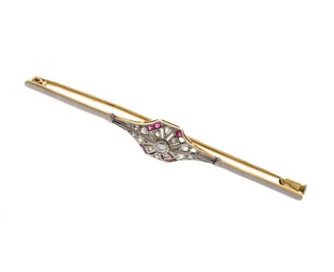 French diamond and calibré ruby bar brooch, the central old brilliant cut of approximately 0.08 carats, enclosed by rose cut 