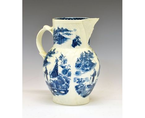 Large late 18th Century Caughley porcelain jug, printed with the 'Pleasure Boat' or 'Fishermen and Cormorant' pattern, with m