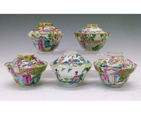 Five Chinese Canton Famille Rose porcelain bowls and covers, each bowl of pan-topped form, all decorated in typical style wit