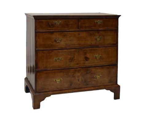 Mid 18th Century inlaid walnut chest of drawers, the quartered, feather-banded and crossbanded rectangular moulded top over t