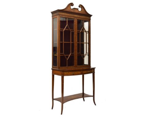 Late 19th//early 20th Century inlaid mahogany cabinet on stand by Edwards &amp; Roberts, the upper stage having a swan-neck p