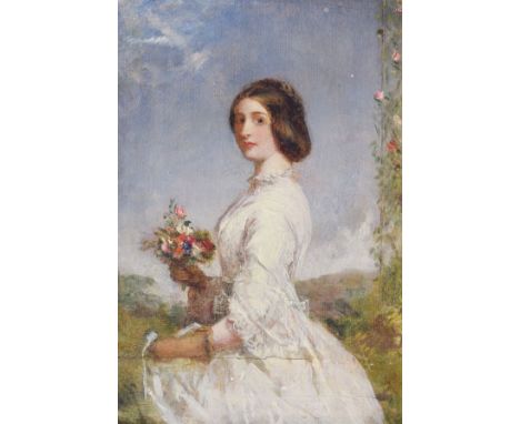 Follower of William Powell Frith (1819-1909) - Oil on canvas laid on panel - Portrait of a lady in a white dress holding a bo