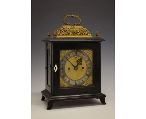 17th Century and later ebonised bracket or table clock, the unsigned 6-inch square brass dial with silvered chapter ring havi