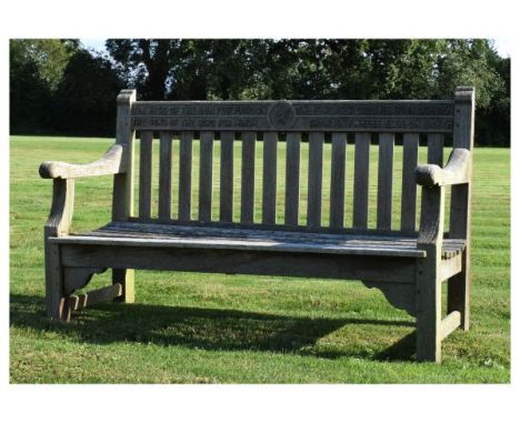 Mid 20th Century weathered teak garden bench, the back rail carved with verses from 'God's Garden' by Dorothy Frances Gurney 