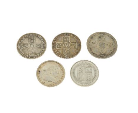 Coins, - William III shilling 1696, Queen Anne shilling 1711, George II shilling 1758, George III shilling 1818 and Queen Vic