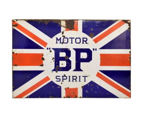 Advertising Interest - Vintage enamel sign for Motor BP Spirit, with blue lettering on a Union Flag background, inscribed bel