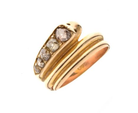 Victorian diamond set coiled serpent ring, stamped '15', the head set with five graduated old brilliant cuts totalling approx