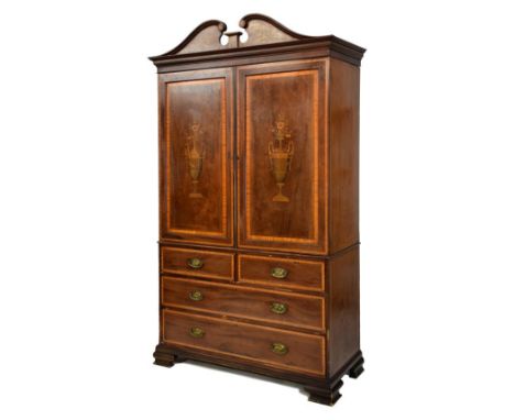 Good quality 19th Century inlaid mahogany linen press, the upper section with swan-neck pediment over satinwood-crossbanded d