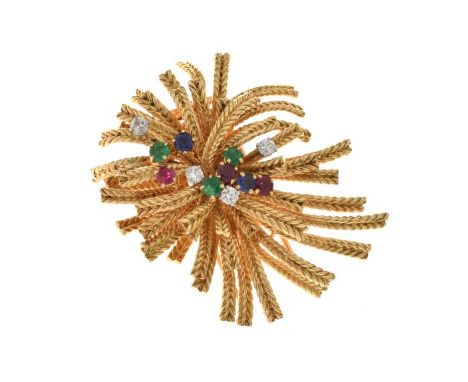 Cartier - Diamond, ruby, sapphire and emerald brooch clip, signed 'Cartier-Paris', numbered '015940' , and with French contro