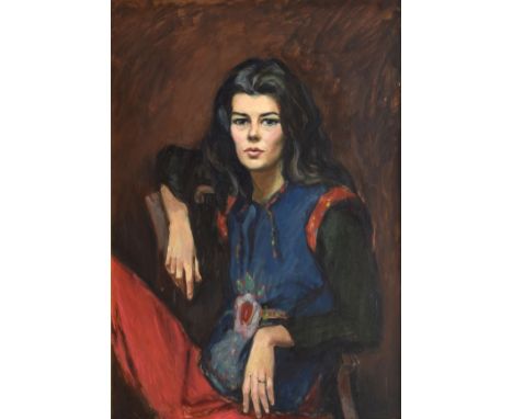 Modern - Oil on board - Portrait of a lady, unsigned, 91cm x 64cm, in a gold painted frame Artists Resale Right may apply Con