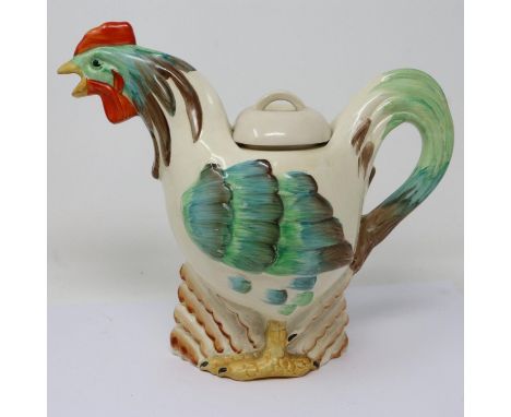Wilkinson ceramic teapot in the Clarice Cliff manner formed as a cockerel, cover may be a later replacement, H: 20 cm. P&amp;