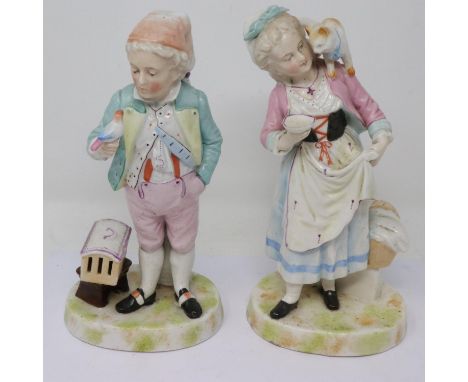 Pair of Continental ceramic figurines, girl with cat and boy with bird in the Meissen style, H: 21 cm, no cracks or chips, P&