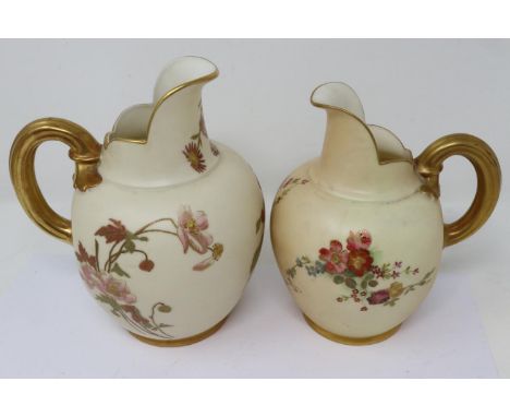 Two Royal Worcester blush ivory flatback jugs, both model number 1094, largest H: 16cm, surface marks throughout. P&amp;P Gro