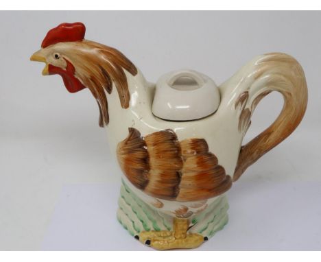 Wilkinson ceramic teapot in the Clarice Cliff manner formed as a cockerel, cover may be a later replacement, H: 20 cm. P&amp;