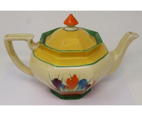 Clarice Cliff Bizarre teapot in the Crocus pattern, repair to rim, H: 20 cm. P&amp;P Group 2 (£18+VAT for the first lot and £
