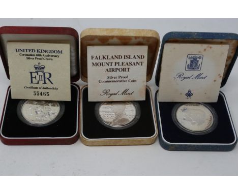 Three silver proof crowns: 1995 Mount Pleasant Airport, 1993 QEII 40th Anniversary and 1981 Royal Wedding. P&amp;P Group 1 (£