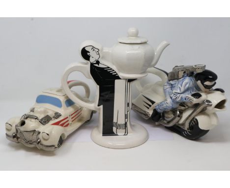 Three Silver Crane Company ceramic teapots, motorbike, motorcar and a butler, no cracks or chips, largest H: 26 cm. P&amp;P G