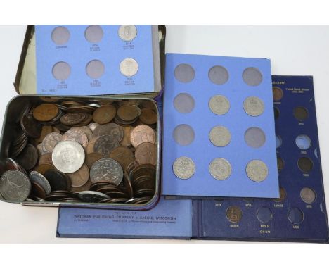 Three Whitworth part filled coin folders with a large tin of UK coinage. P&amp;P Group 1 (£14+VAT for the first lot and £1+VA