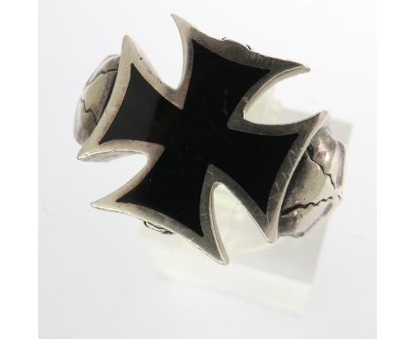 925 German silver ring with cross and skull, size R, 10g. P&amp;P Group 1 (£14+VAT for the first lot and £1+VAT for subsequen