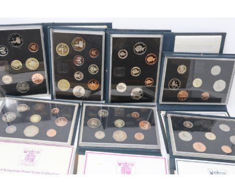 Seven 1980s Royal Mint Proof Coin Collections within folders and with certificates. P&amp;P Group 1 (£14+VAT for the first lo