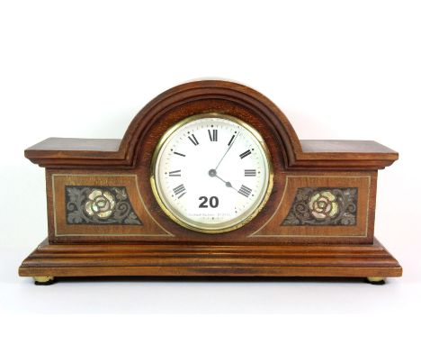 A 1930's mother of pearl inlaid mahogany mantle clock, H. 16.5cm.
