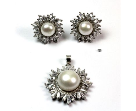 A pair of 925 silver earrings set with a cultured pearl and cubic zirconias, with a matching pendant, (one loose stone).