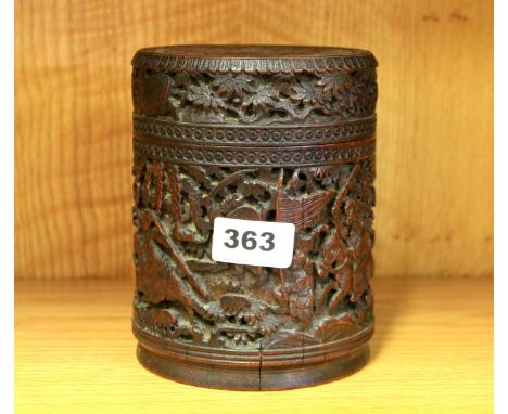 An early 20th century Chinese carved bamboo tea caddy, H. 16cm.