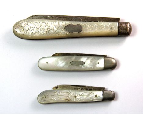 Three silver and mother of pearl fruit knives.