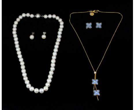 A pair of cultured pearl earrings with a matching pearl necklace together with a Wedgwood gilt flower necklace and matching p