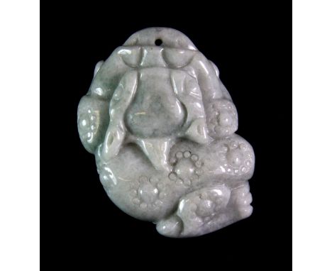 A Chinese pale celadon green jadeite jade amulet of Chan, L. 6cm.