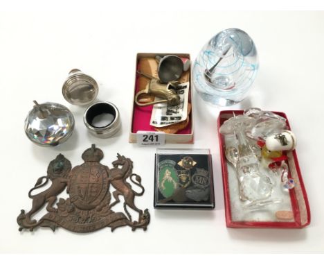 A collection of various miniature items together with Swarovski glass items, a glass paperweight, small quantity of badges an