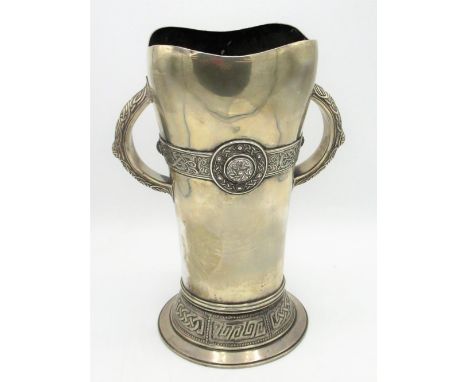 Geo.V hallmarked Sterling Irish silver two handled wine cooler or vase, tapering body with waived rim, decorated with a band 