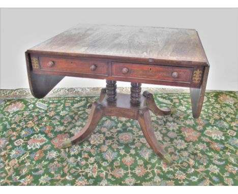 Regency satinwood banded rosewood sofa table, rectangular top with two fall leaves above alternating real and faux frieze dra