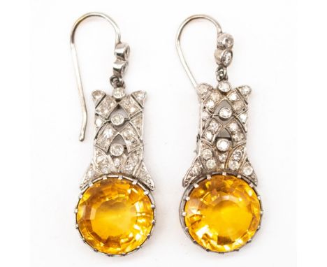 9ct white gold diamond and citrine earrings, round cut citrine claw set in diamond encrusted hinged mounts with diamond adorn