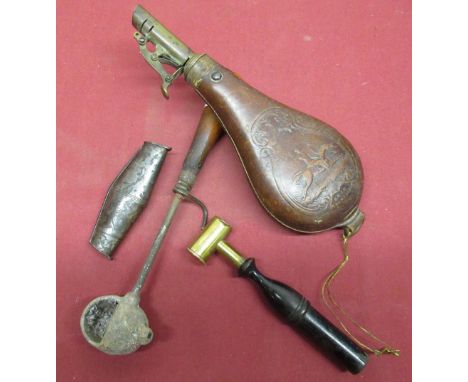 G &amp; J. W Hawksley of Sheffield embossed leather shot flask, two sectional Sunday flask, powder measure with turnwood hand