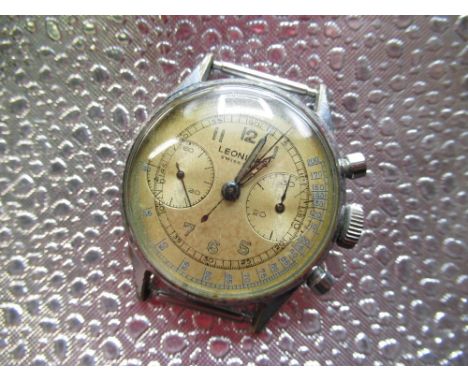 Late 1940's Leonias chrome cased hand wound chronograph wristwatch. signed silvered dial with two subsidiary dials, running s