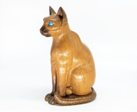 Robert Mouseman Thompson of Kilburn - a carved oak model of a Siamese cat with blue eyes, seated with curled tail and mouse b