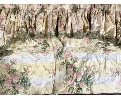 David Hall Collection - Pair of Colefax and Fowler" Plumago Bouquet" curtains with pastel pink and green bouquets, on a yello